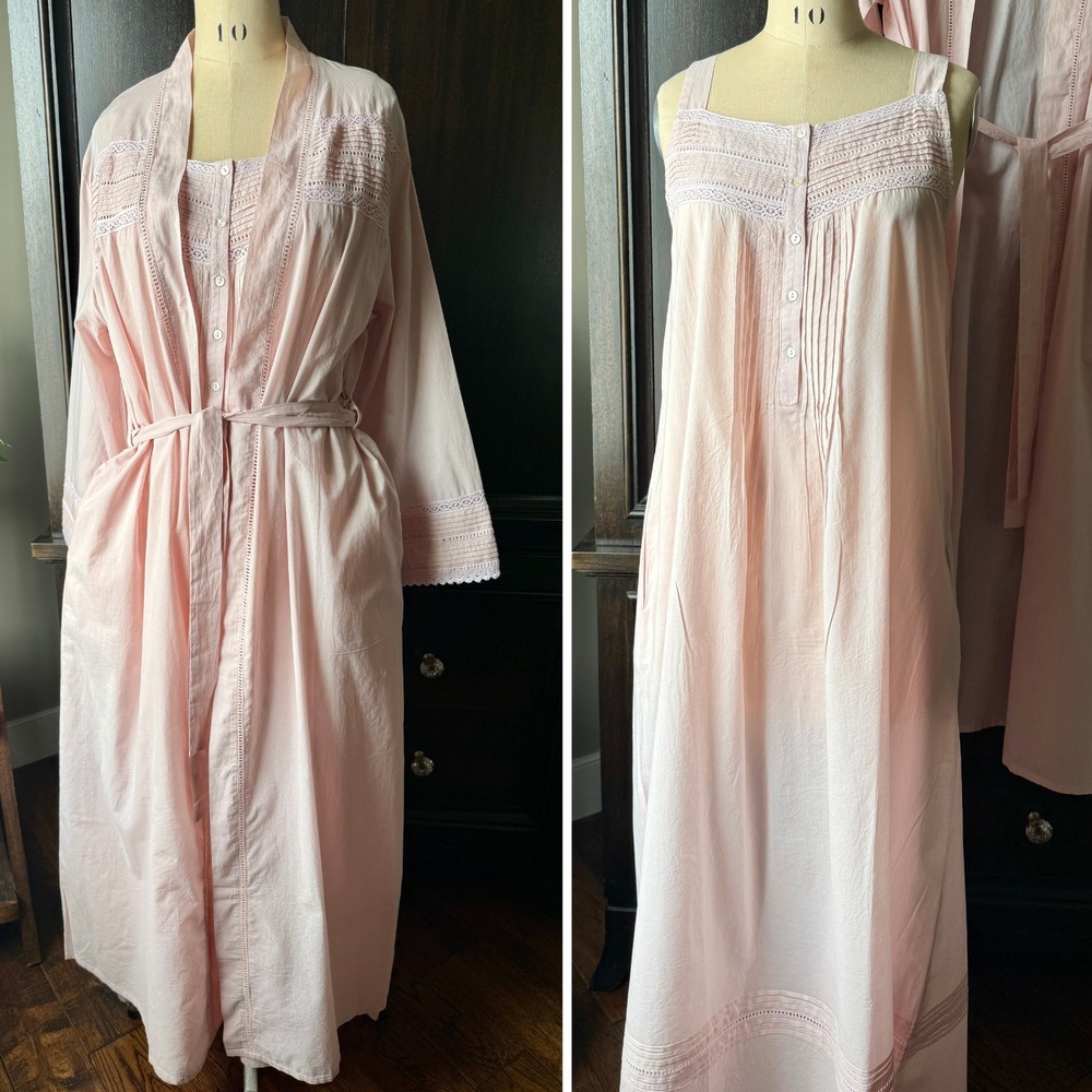 Robe and Gown Set 100% Cotton Long Maxi Tie Waist Pink L NWT Cottagecore